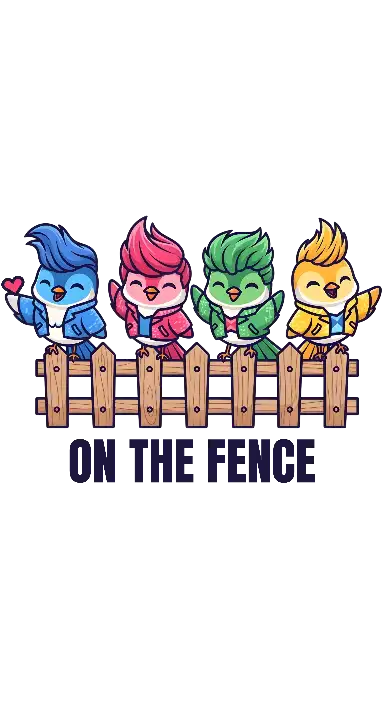 Chibi Kawaii Four Birds with Spiky Hair and Jackets on a Fence Design - portrait - width: 3072px, height: 5632px