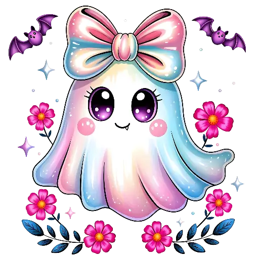 Kawaii Pastel Cute Ghost with Bow and Bats Design for Halloween