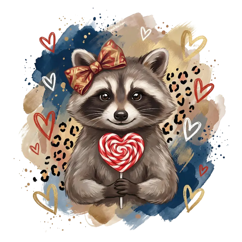 Cute Raccoon Illustration with Heart Lollipop and Bow for Valentine's Day