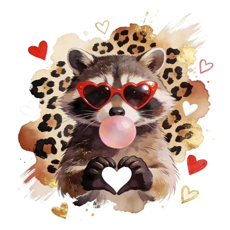 Trendy Watercolor Raccoon with Heart Sunglasses Bubblegum Graphic