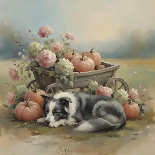 Watercolor Pastel Border Collie Art Print, Cozy Autumn Pumpkins