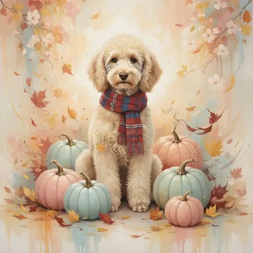 Watercolor Fluffy Dog, Plaid Scarf, Pastel Pumpkins & Autumn Leaves
