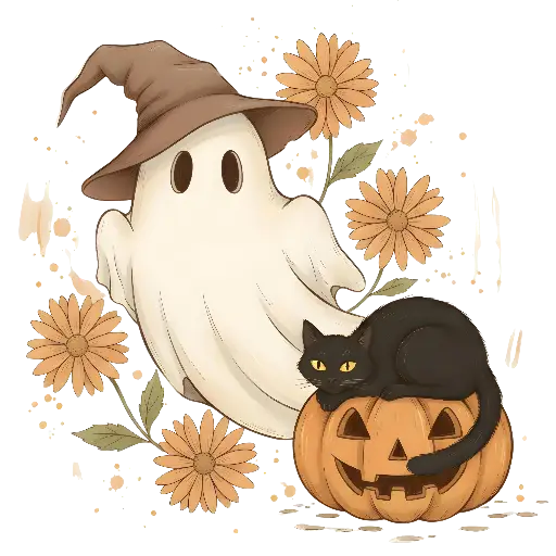 Cute Whimsical Halloween Ghost, Witch Hat, Black Cat, Pumpkin Art