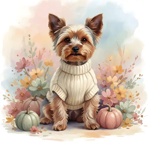 Watercolor Yorkshire Terrier in Sweater with Pumpkins & Flowers Autumn Art