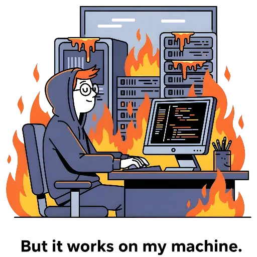 Cartoon Programmer on Fire: 'It Works on My Machine' Tech Humor