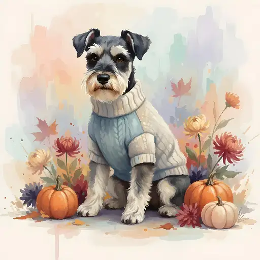 Watercolor Schnauzer Dog in Sweater with Autumn Decor Print