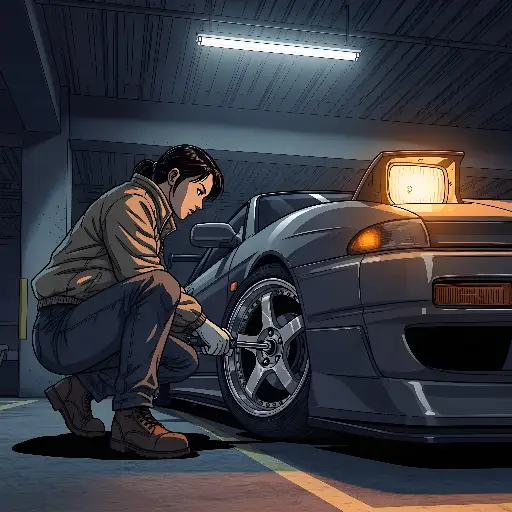 Anime Woman Mechanic Changing Sports Car Tire Illustration