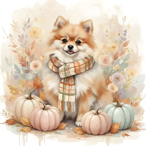 Watercolor Pomeranian Dog Autumn Illustration with Pumpkins
