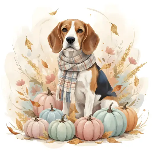 Watercolor Beagle Dog Autumn Illustration with Pastel Pumpkins