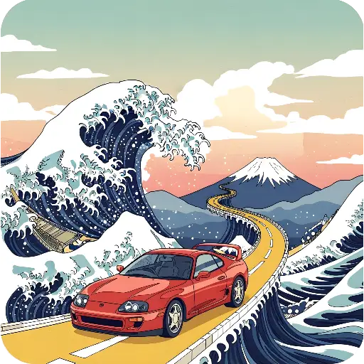 Ukiyo-e Pop Art Supra Mk4 Great Wave Mount Fuji Illustration