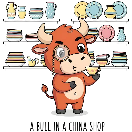 Cartoon Bull in a China Shop Humorous Pun Graphic for Gifts