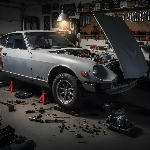 Realistic Classic Car Under Repair Garage Scene for Enthusiasts