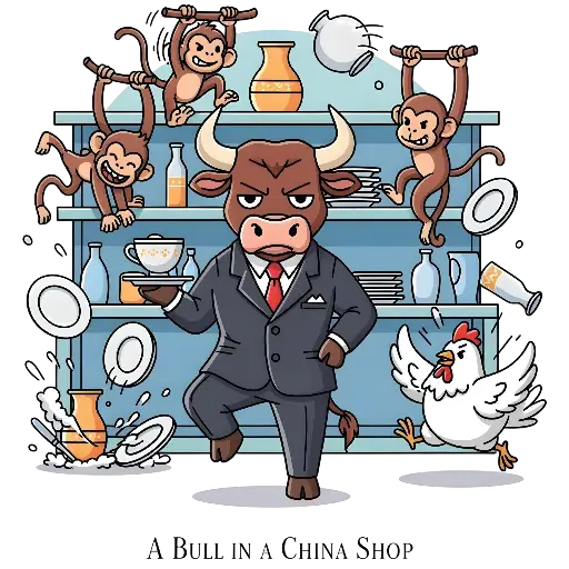 Cartoon Bull in a China Shop Scene Humorous Illustration