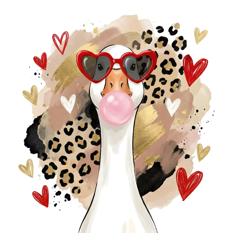 Cartoon Goose Heart Sunglasses Bubblegum Illustration with Leopard Print