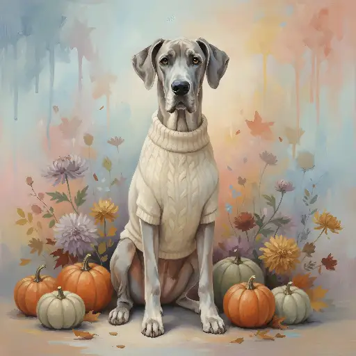 Watercolor Great Dane Dog in Sweater, Pumpkins & Autumn Flowers