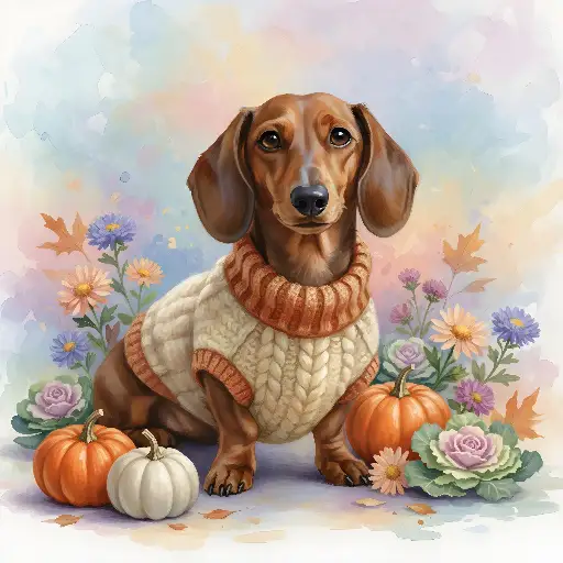 Watercolor Dachshund Dog in Sweater, Pumpkins & Autumn Flowers Art