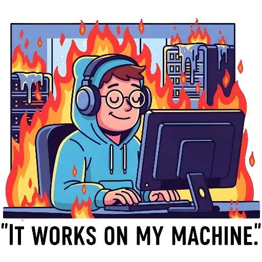 Cartoon Programmer IT WORKS ON MY MACHINE