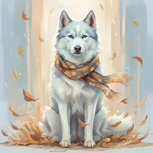 Digital Painting White Husky Dog with Scarf, Autumn Illustration