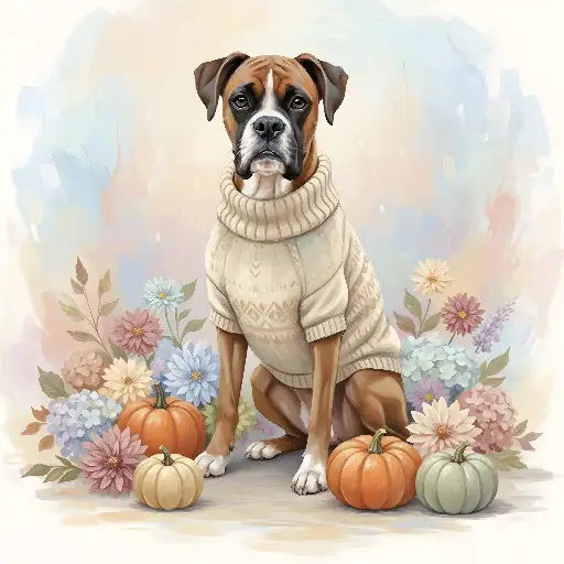 Cozy Autumnal Watercolor Boxer Dog in Sweater with Pumpkins Art Print