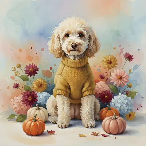 Watercolor Poodle Dog in Cozy Sweater with Autumn Decor Art Print