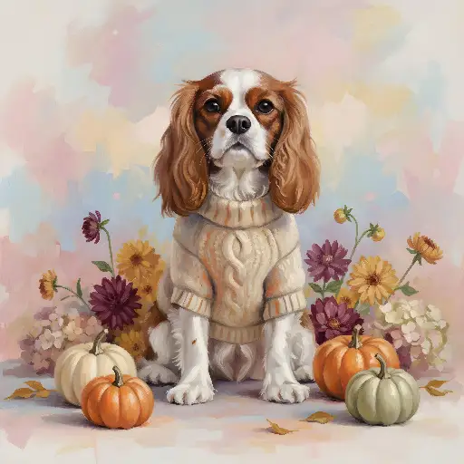 Watercolor Cavalier King Charles Spaniel Dog, Autumn Pumpkins Art