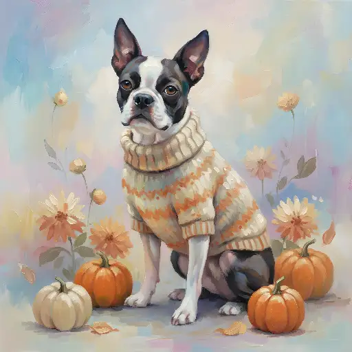 Painterly Boston Terrier Dog in Sweater with Pumpkins Fall Art