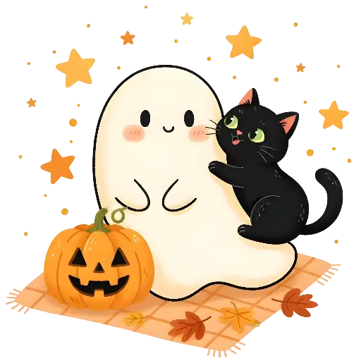Kawaii Ghost Black Cat & Jack-o'-lantern Halloween Art