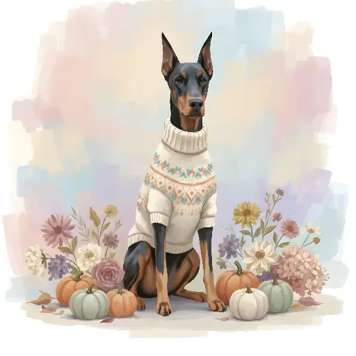 Watercolor Doberman Pinscher in Sweater, Autumn Decor Art