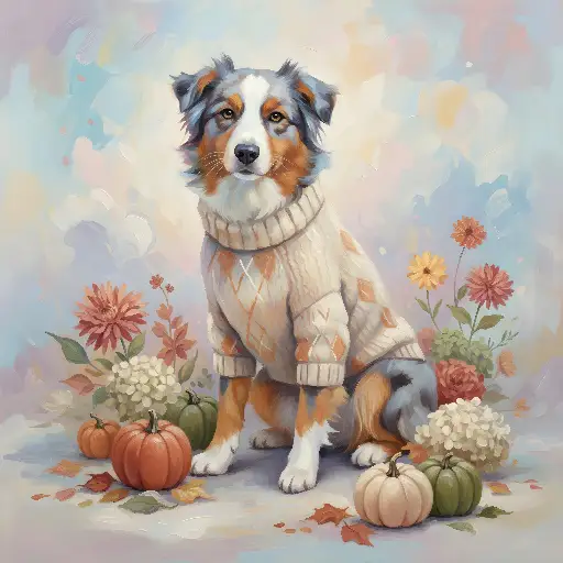 Cozy Autumnal Watercolor Australian Shepherd in Sweater Art Print
