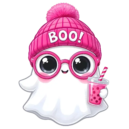 Kawaii Cute Ghost Character with Pink Beanie & Boba Tea