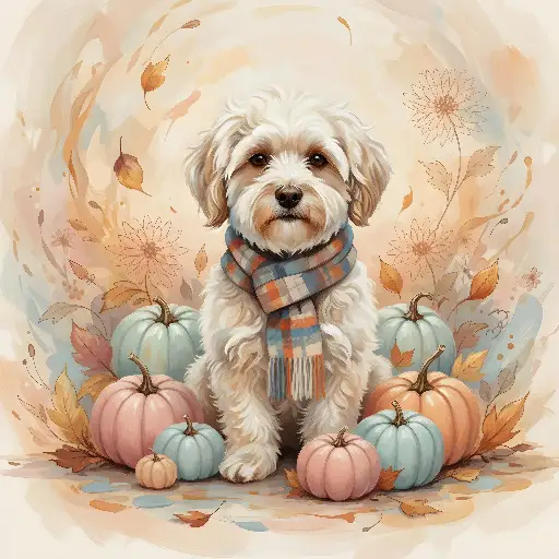 Watercolor Fluffy Dog with Autumn Pumpkins Illustration