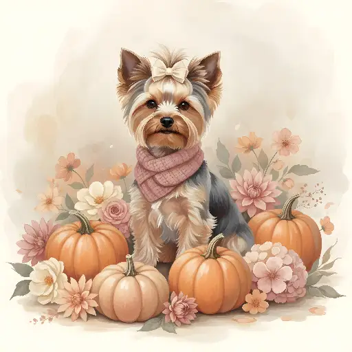 Watercolor Yorkshire Terrier with Pumpkins Autumnal Illustration