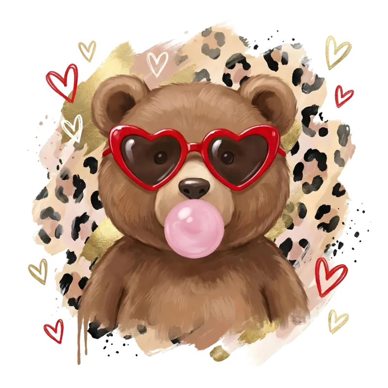 Trendy Illustrative Bubblegum Bear with Heart Glasses Graphic