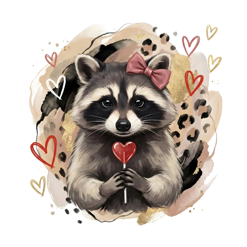 Cute Watercolor Raccoon Illustration with Heart Lollipop