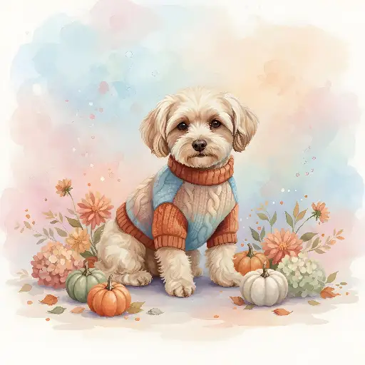Cute Pastel Watercolor Puppy in Sweater Autumn Illustration