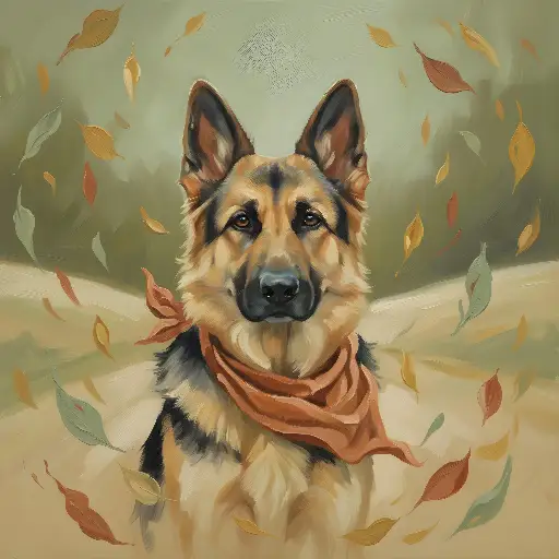 German Shepherd Painting Dog Portrait with Autumn Leaves & Bandana