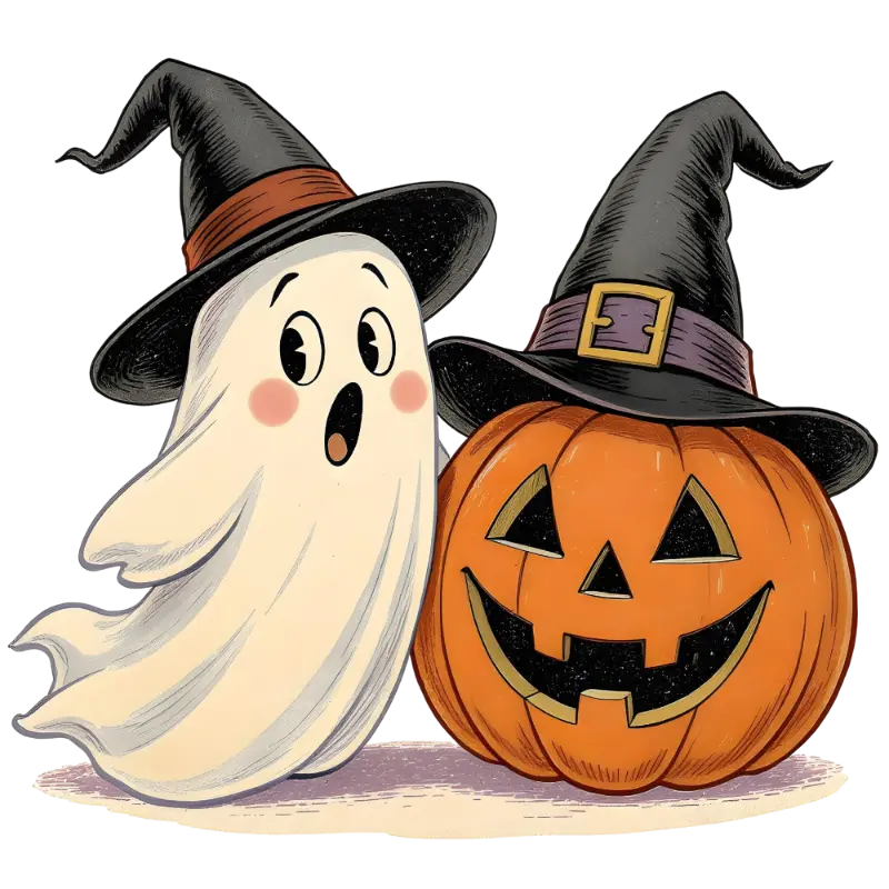 Playful Retro Cartoon Ghost Jack-o'-lantern Witch Hat Graphic