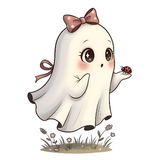 Kawaii Cute Ghost Illustration with Pink Bow and Ladybug