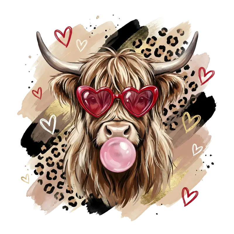 Whimsical Highland Cow Heart Sunglasses Bubble Gum Graphic for Trendy Style