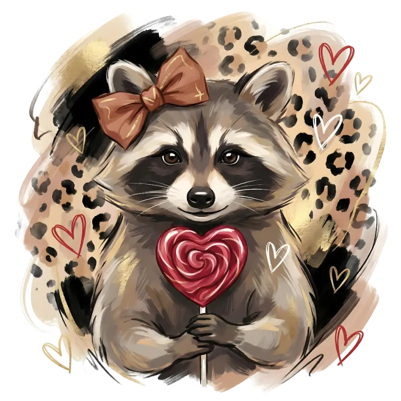 Cute Whimsical Raccoon with Heart Lollipop Valentine Illustration