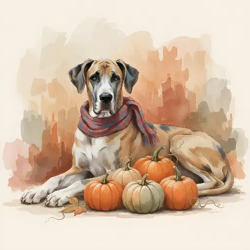 Watercolor Great Dane Autumn Dog with Pumpkins and Scarf
