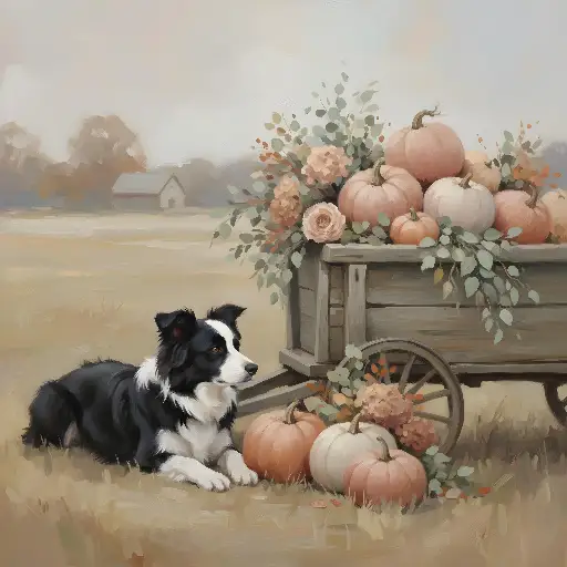 Impressionistic Border Collie, Pumpkin Wagon Wall Art, Autumnal