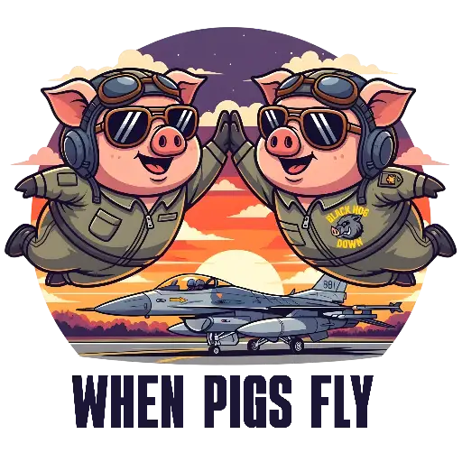 Cartoon Pilot Pigs High-Fiving Fighter Jet Design, When Pigs Fly