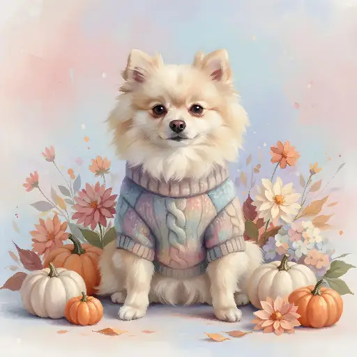 Whimsical Pomeranian Dog in Sweater with Pumpkins Autumn Art