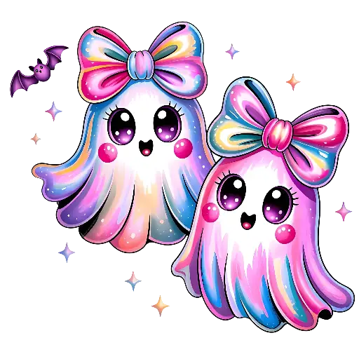 Kawaii Halloween Ghosts with Bows and Bat Illustration