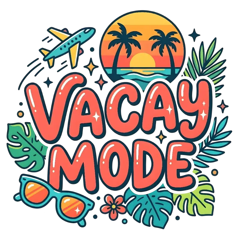 Cartoon VACAY MODE with Tropical Sunset, Palm Trees, and Airplane