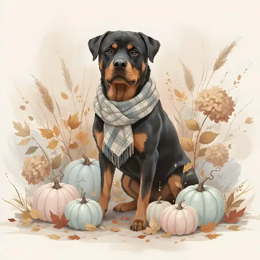 Cozy Watercolor Rottweiler Art with Autumn Leaves and Pumpkins