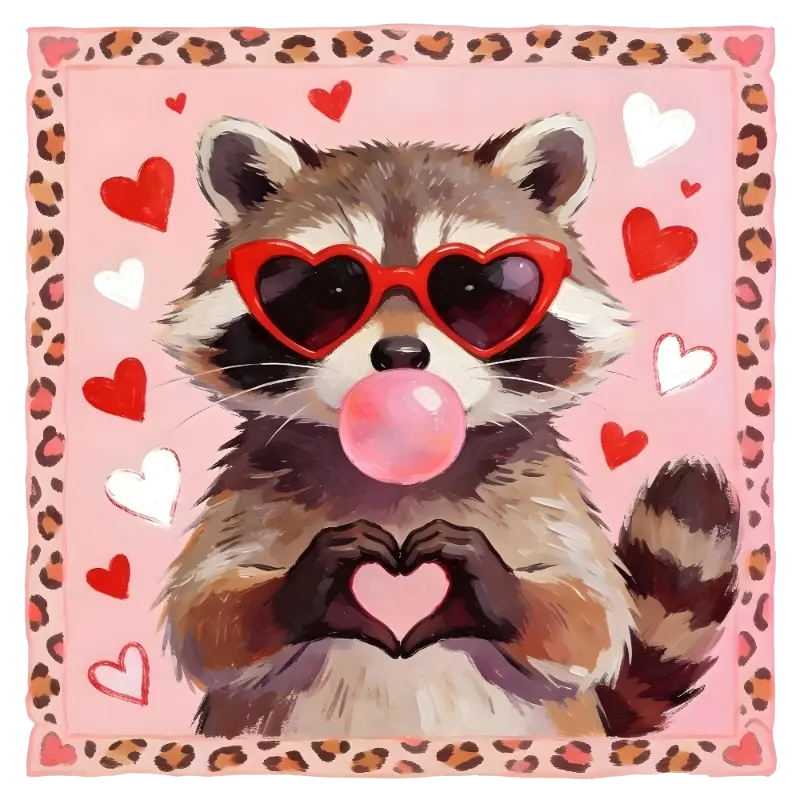 Cute Raccoon Valentine's Day Art with Heart Sunglasses & Bubblegum