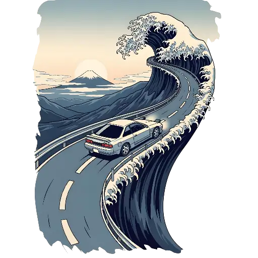 Pixel Art JDM Car on Wave Road with Mount Fuji Illustration