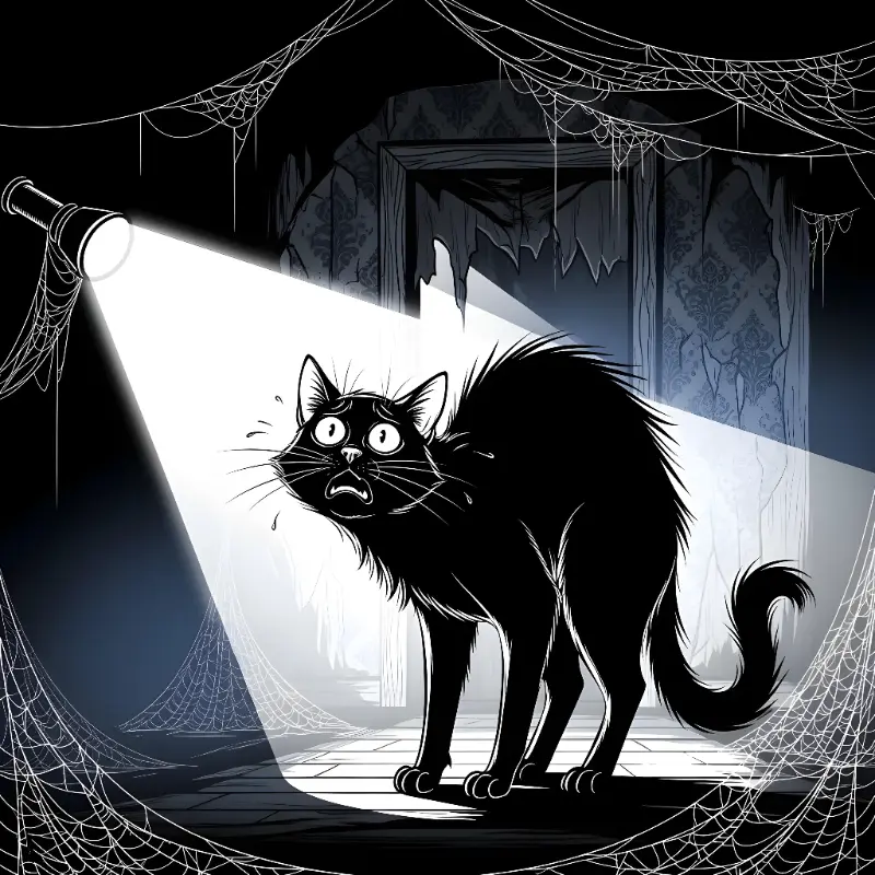 Cartoon Scared Black Cat, Flashlight & Cobweb Halloween Illustration